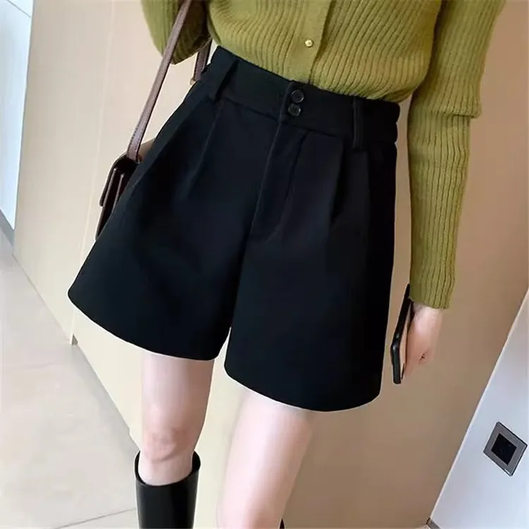 秋冬大码毛呢女胖妹妹女款高腰显瘦a字休闲阔腿短裤秋冬外穿