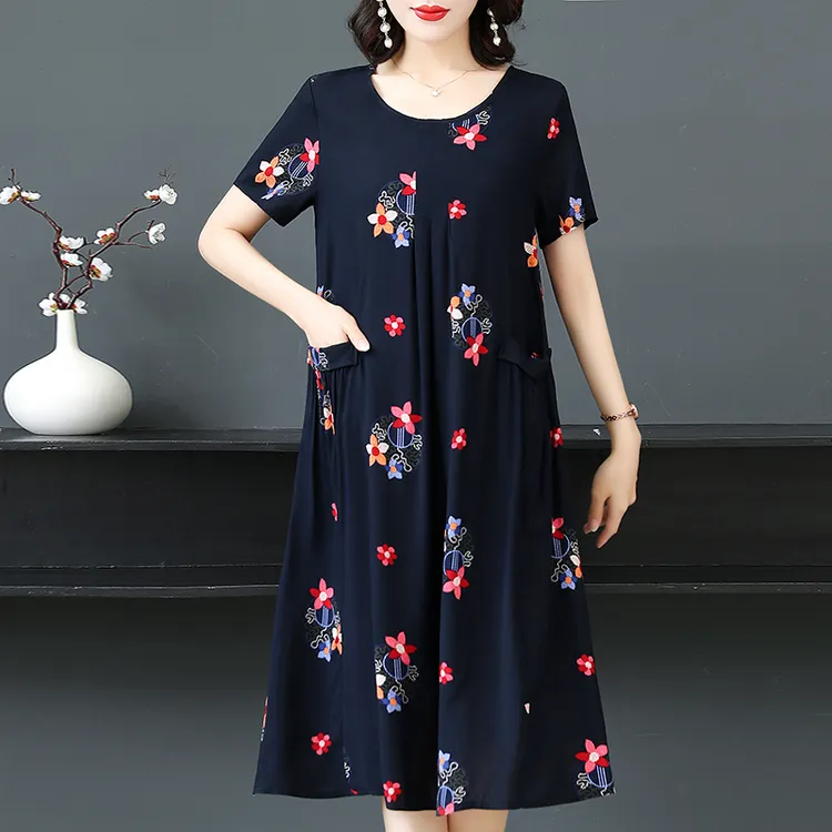 中老年人夏200斤棉绸连衣裙胖妈妈装宽松大码遮肚显瘦洋气中长裙