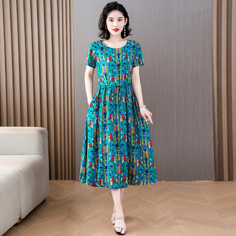 2025夏季新款绵绸连衣裙洋气过膝长款连衣裙妈妈高档遮肚子碎花裙