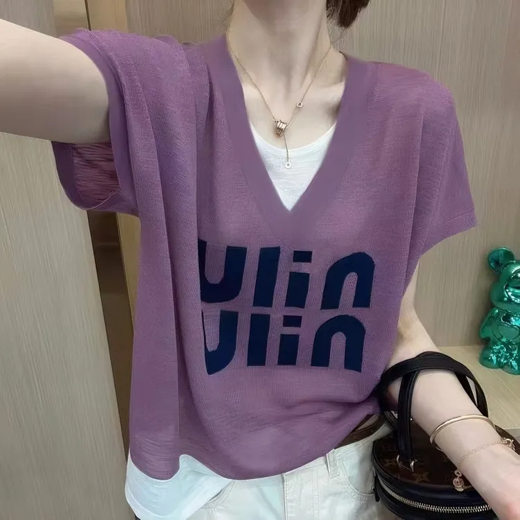 【80-180斤】时尚假两件冰丝短袖针织上衣女夏宽松显瘦提花减龄T恤