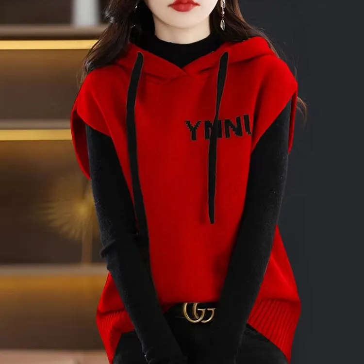 【80-180斤】连帽无袖针织马甲女秋冬新款大码遮肚时尚提花背心毛衣