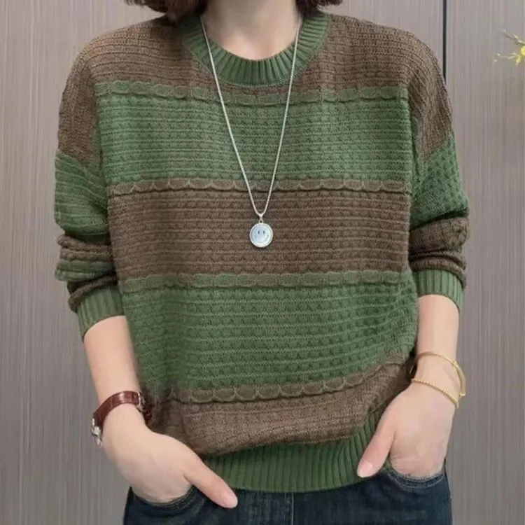 【80-180斤】撞色宽条纹毛衣女秋冬宽松显瘦内搭遮肚上衣针织打底衫