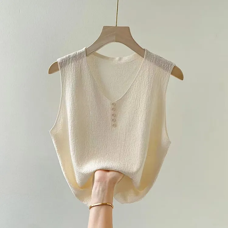 【80-180斤】V领纽扣冰丝吊带背心女夏季宽松遮肚时尚外穿无袖上衣