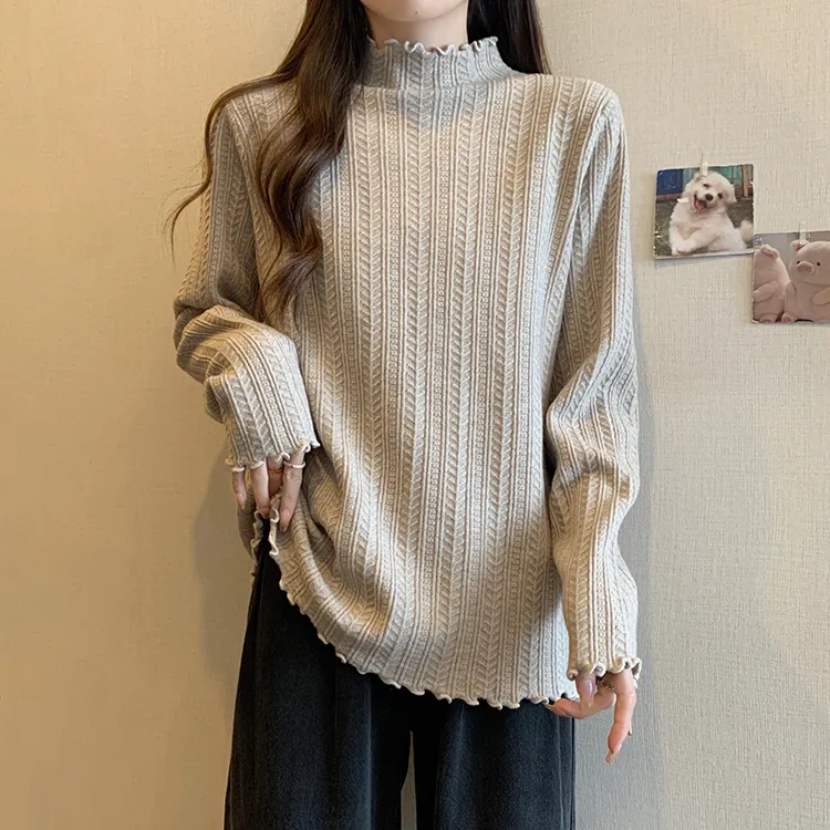 【80-180斤】半高领木耳边打底衫毛衣女秋冬季宽松遮肚别致内搭上衣