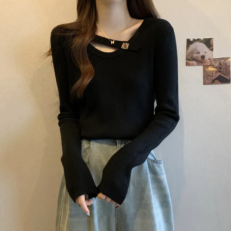 【80-180斤】圆领毛衣女打底衫秋冬设计感挂脖胖mm遮肚子针织衫上衣