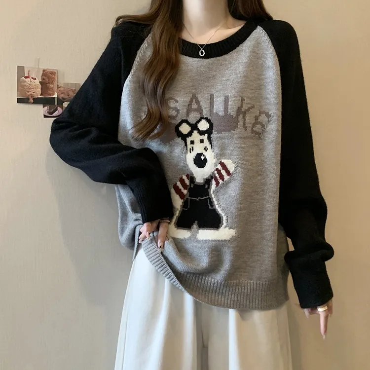 【80-180斤】卡通提花撞色针织衫毛衣女秋冬宽松显瘦圆领打底衫上衣