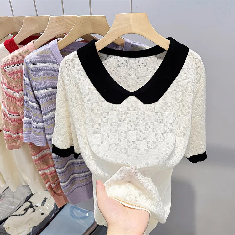 【80-180斤】娃娃领提花冰丝短袖T恤女夏宽松显瘦时尚减龄针织上衣