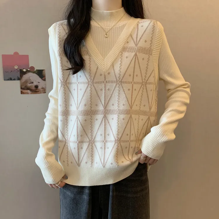 【80-180斤】假两件提花针织毛衣女秋冬季宽松显瘦半高领打底衫上衣