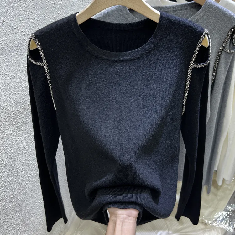 【80-180斤】秋冬设计感露肩针织上衣女修身慵懒风小众显瘦打底毛衣