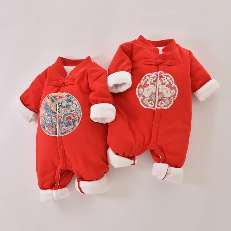 国风婴儿红色连体衣秋冬外出拜年服宝宝衣服加厚满月百天周岁礼服