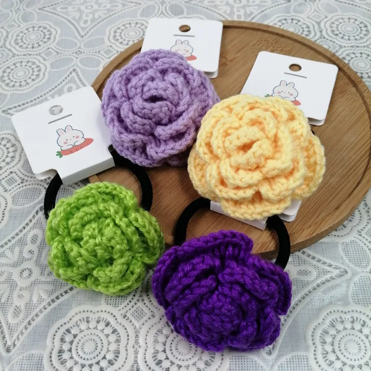 玫瑰花发圈发绳皮筋头绳发饰头饰女成人儿童高弹力纯手工毛线钩织