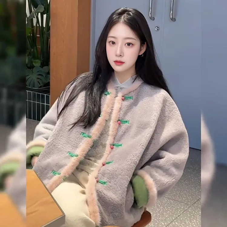 新中式羊羔毛外套女2024冬季保暖国风宽松水貂毛慵懒风两面穿上衣
