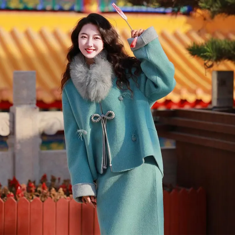 豪门太太真狐狸毛新中式澳洲羊毛套装冬季国风双面呢毛呢大衣外套
