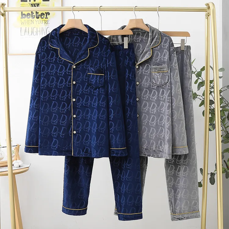 【金丝绒】男士睡衣秋冬季加绒加厚加大码保暖开衫长袖家居服套装
