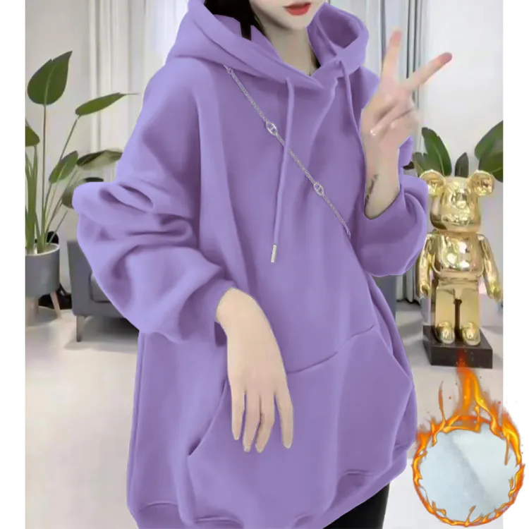 2-300斤重磅男女连帽保暖卫衣秋冬纯色套头宽松加绒加厚休闲外套