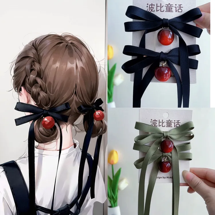 原创新款丝带吊坠发夹气质樱桃款飘带头饰发饰氛围感夹子