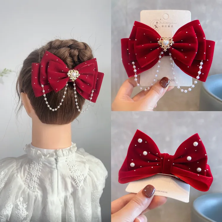 在逃公主酒红珍珠蝴蝶结立体顶夹儿童发圈头饰