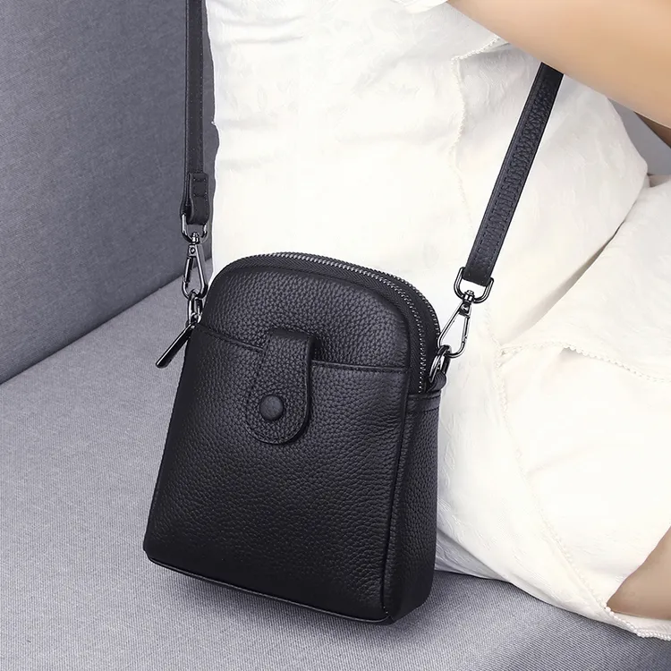 秋冬热卖实用时尚新款头层牛皮真皮双拉链竖款单肩斜挎手机小包