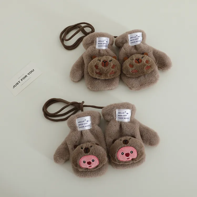 2-3-4-5岁6儿童男宝女宝小孩冬天加绒厚毛绒保暖可爱连指挂脖手套