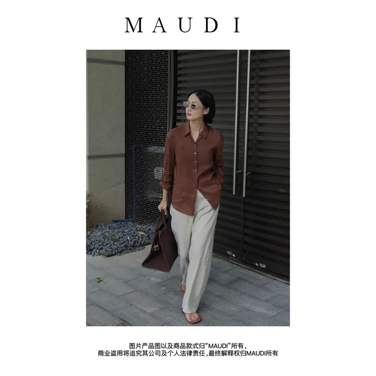 MAUDI【老钱家族 真丝衬衣】酒红翻领亚麻真丝混纺慵懒调性衬衫8049