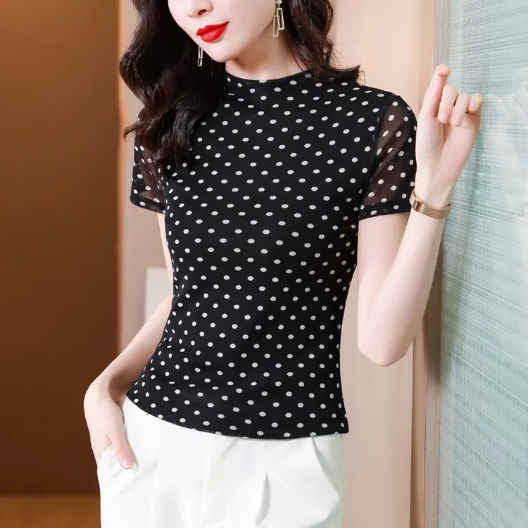 2025夏季新款短袖波点上衣圆领T恤时尚气质小衫套头洋气女印花衫
