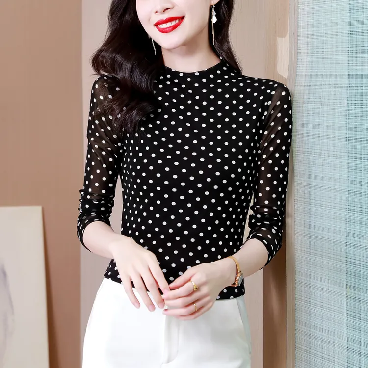 2025新款长袖波点印花洋气打底衫时尚气质小衫女修身显瘦T恤上衣