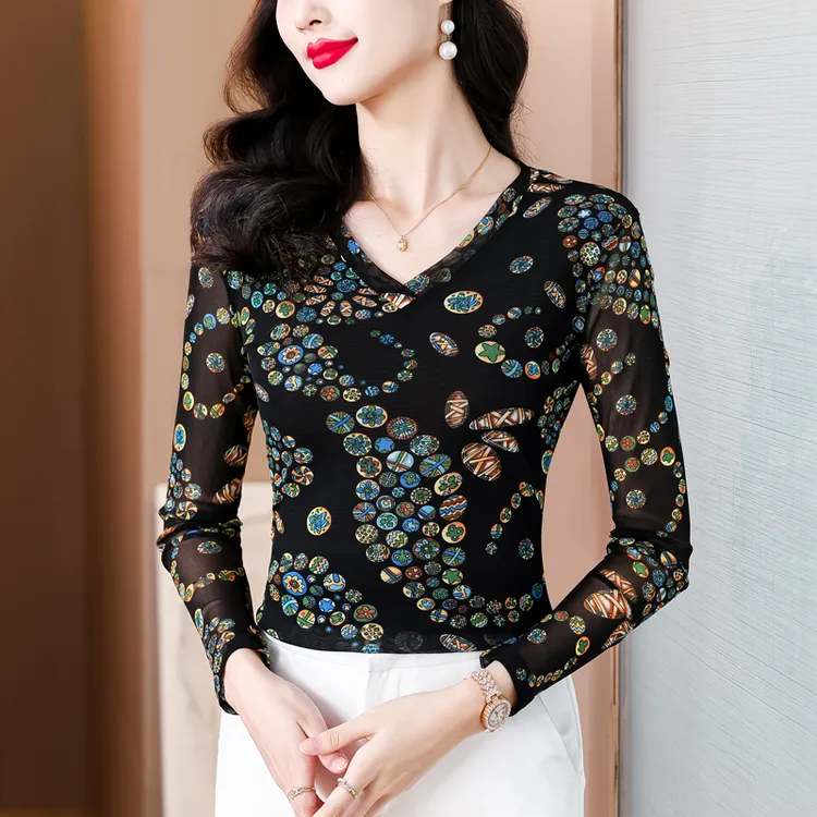 （不定位花）长袖打底衫V领洋气时尚显瘦印花上衣气质舒适法式小衫