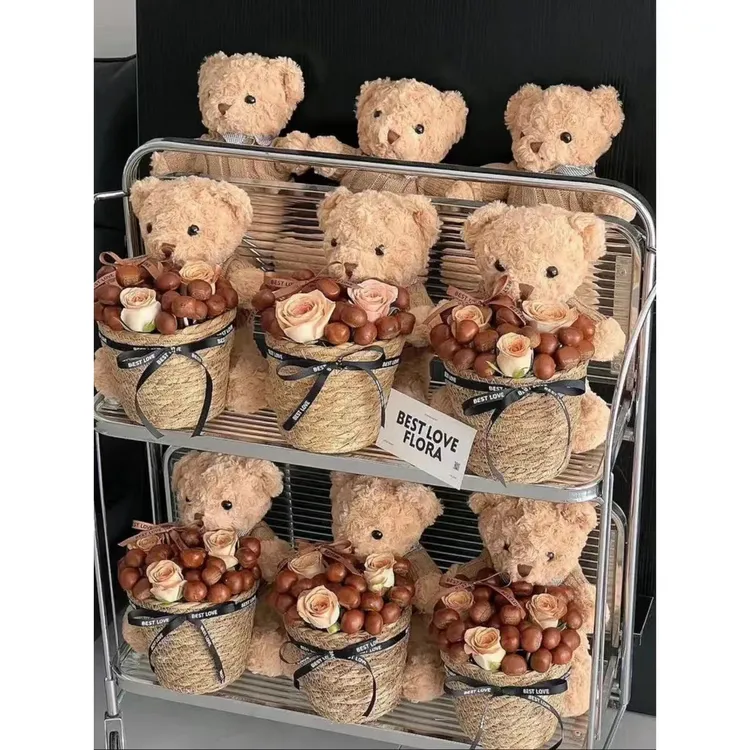 网红抱抱桶小熊花束材料糖炒栗子大号抱抱熊竹篮抱抱桶diy草编篮