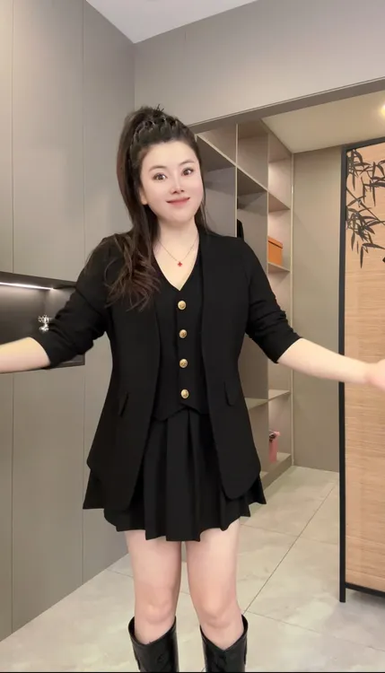 春秋新款2025时尚洋气纽扣1363百搭减龄黑色套装