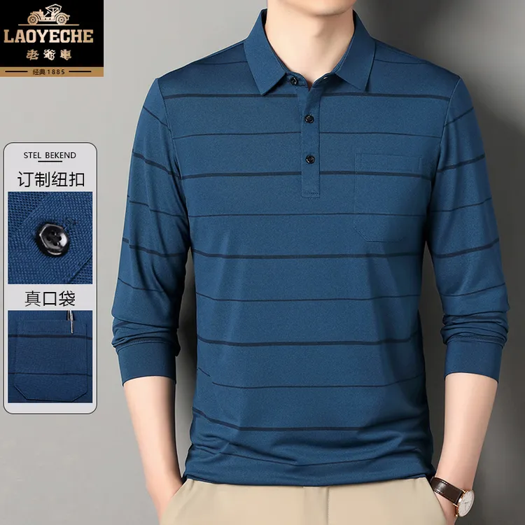 老爷车男士长袖t恤爸爸秋装打底衫中年男装真口袋上衣POLO衫6618