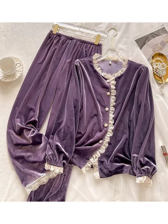 蕾丝边小香风金钻绒睡衣女春秋冬款可外穿高级感金丝绒家居服套装