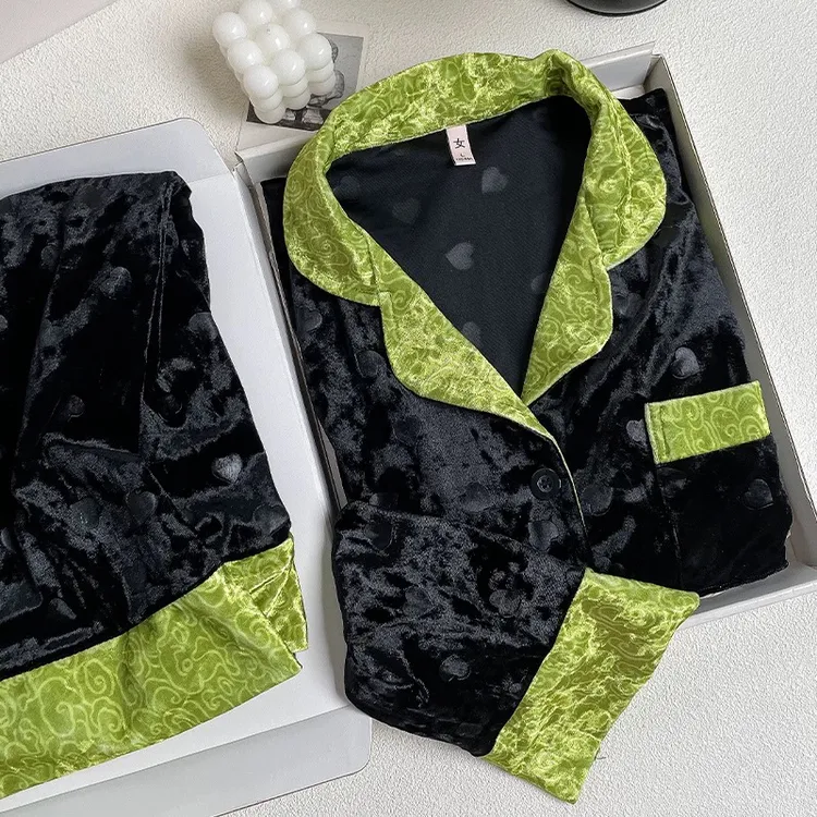 轻奢撞色秋冬睡衣女高级感小香风长袖套装厚款秋冬款金丝绒家居服