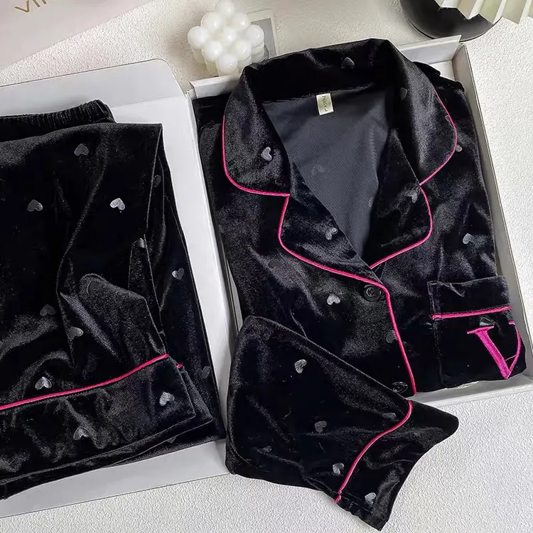 春秋金丝绒黑色爱心图案睡衣女士秋冬季薄绒长袖金钻绒高端家居服