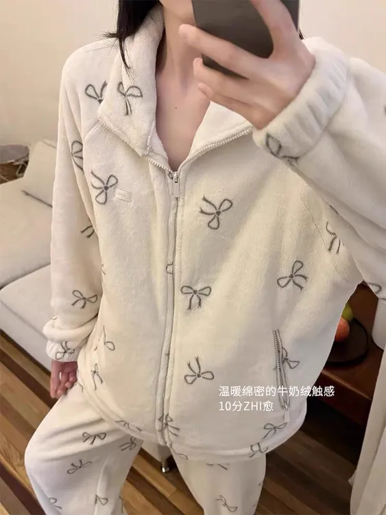 牛奶绒立领拉链睡衣套装秋冬加绒加厚家居服可外穿冬天保暖宽松女