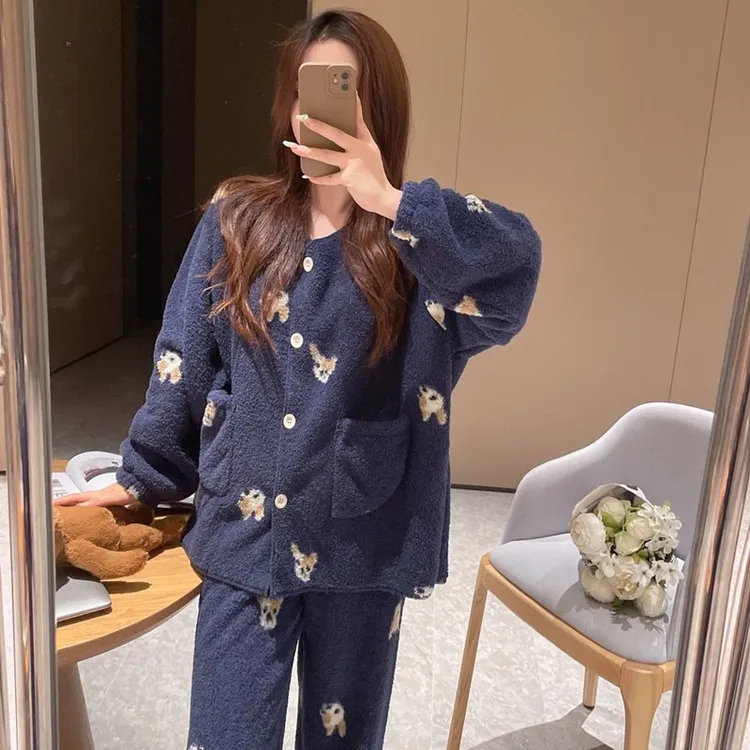 情侣睡衣女冬季2025新款春秋半边绒套装珊瑚绒日系软绵绵可爱法斗
