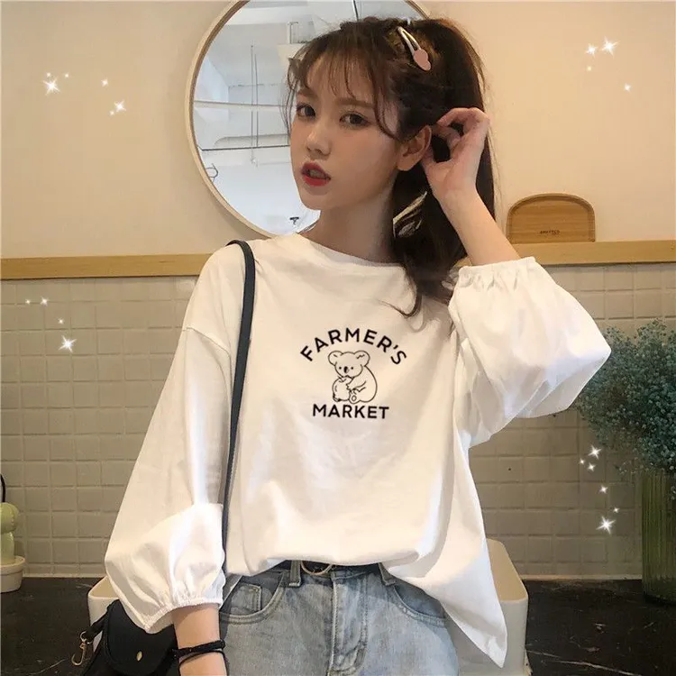 纯棉长袖T恤女春秋2024新款韩版宽松白色印花设计感打底衫上衣潮