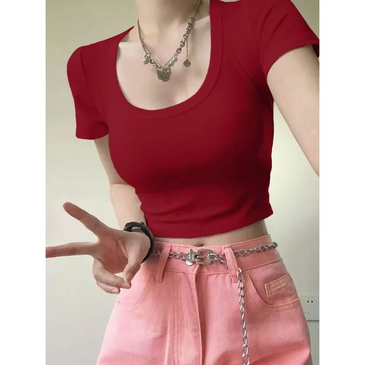 欧美短款紧身百搭正肩短袖t恤女甜辣妹纯欲内搭小上衣大u领体恤夏