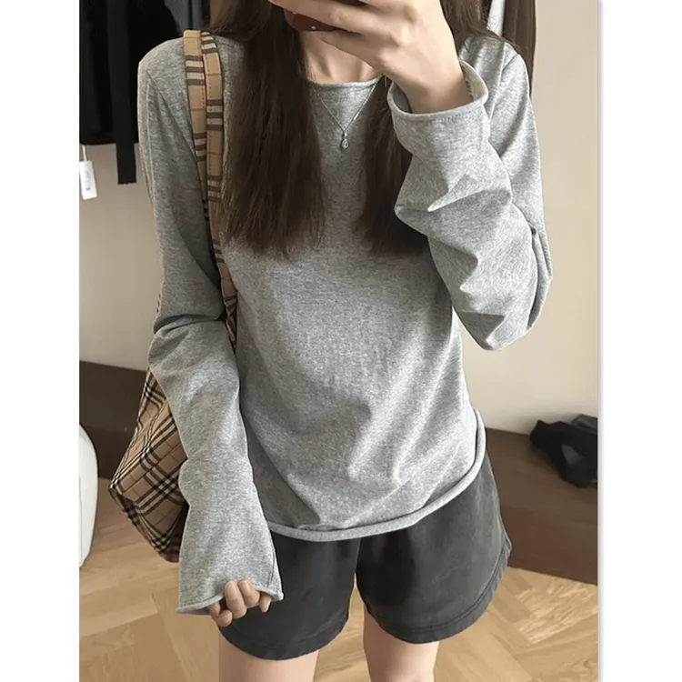 灰色卷边长袖T恤女春夏新款外搭上衣慵懒风百搭基础款显瘦打底衫