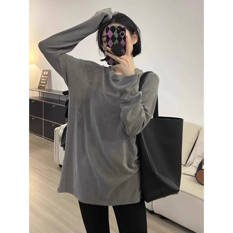 德绒打底衫女新款秋冬宽松慵懒风设计感小众灰色t恤内搭显瘦上衣