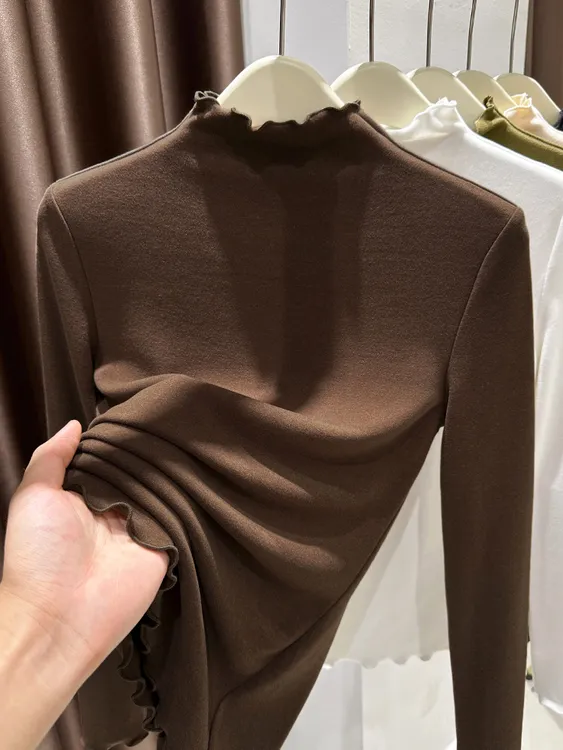 木耳边领德绒打底衫女秋冬自发热保暖紧身内搭双面磨毛半高领上衣