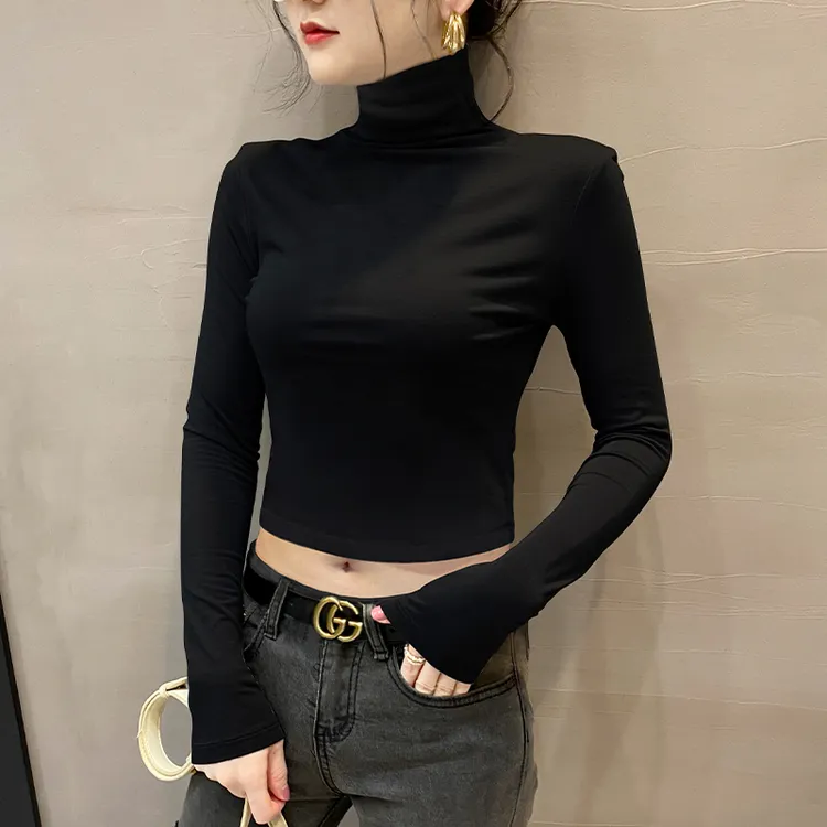 春秋季棉质高领长袖T恤女新款设计感高腰露脐打底衫黑色正肩上衣