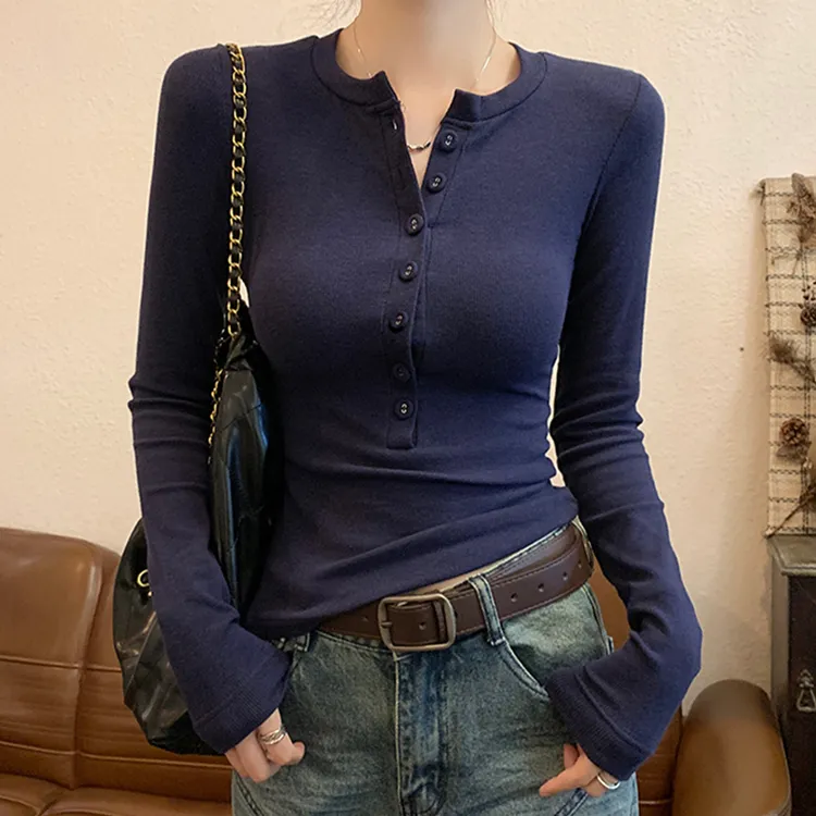 高级感藏青色半开领长袖t恤女春秋新款纽扣修身显瘦内搭打底上衣