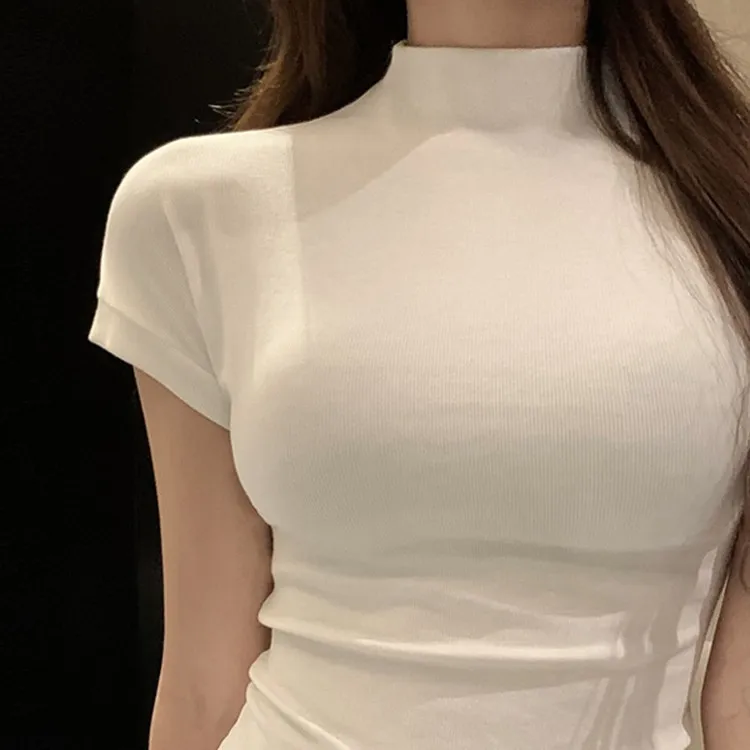纯欲显胸大半高领t恤女短袖白色打底衫春夏新款修身立领别致上衣