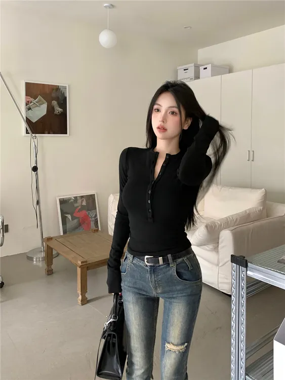 黑色长袖打底衫女春秋季新款设计感小众辣妹修身显瘦内搭T恤上衣