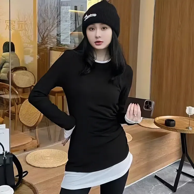 中长款磨毛打底衫女秋冬内搭显瘦设计感不规则t恤遮屁股长袖上衣