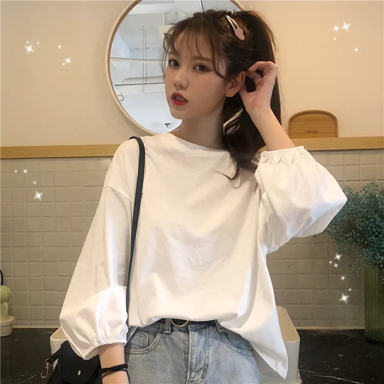 早秋新款白色长袖t恤女百搭时尚宽松学院风打底衫学生洋气上衣服
