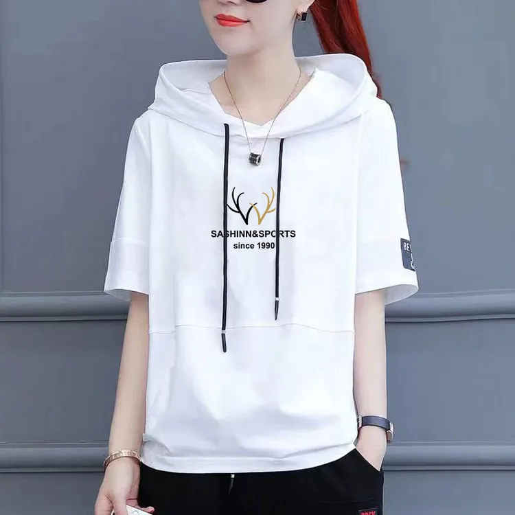高档纯棉连帽T恤女短袖夏季t恤减龄显瘦宽松大码休闲卫衣体恤女潮