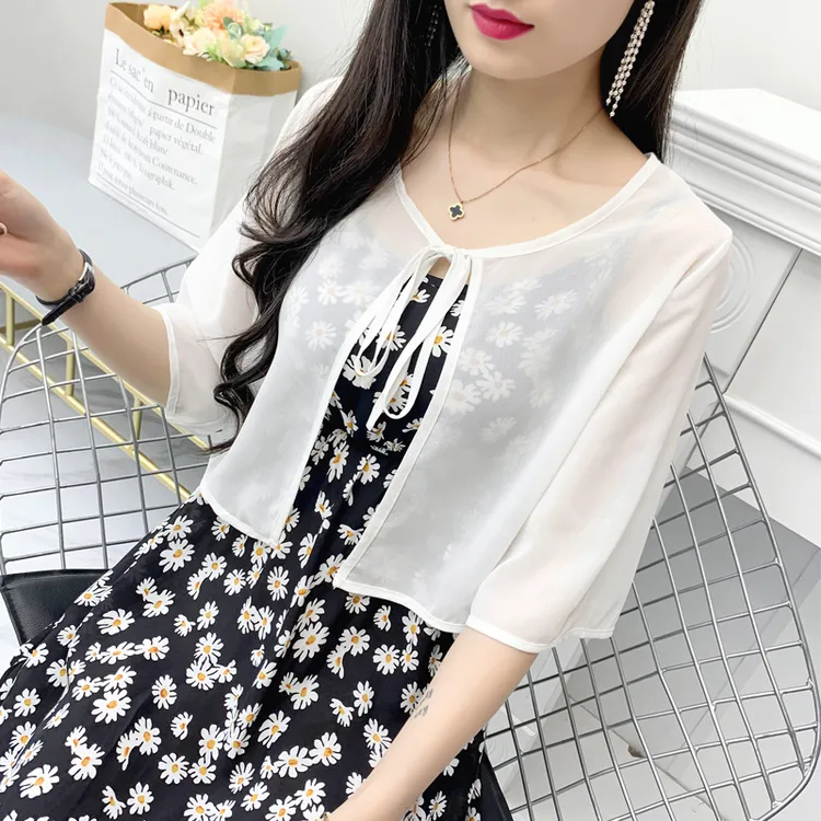 夏天小披肩外套女配裙子的外搭小坎肩百搭雪纺防晒衣超薄短款开衫