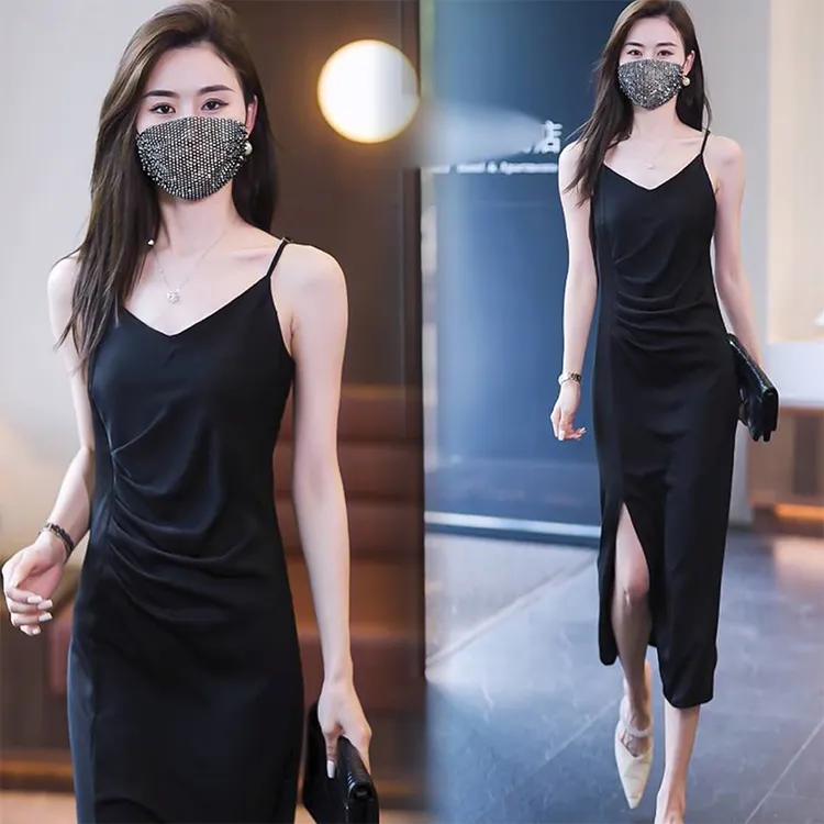 夏季开叉长裙气质高档褶皱收腰显瘦性感名媛缎面外穿打底吊带裙