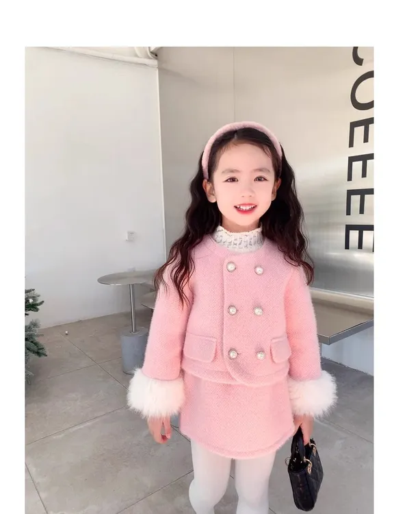2025女童套装冬装洋气时髦小香风宝宝外套儿童公主裙两件套加厚
